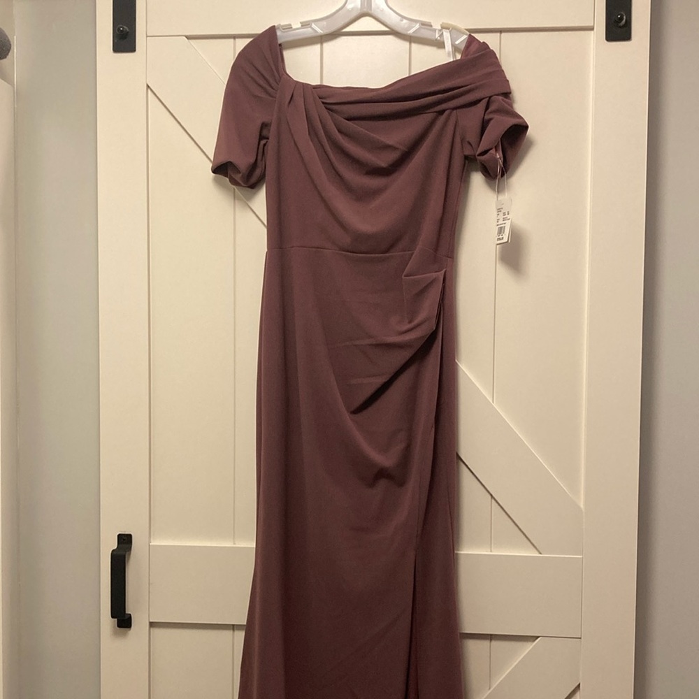 Oleg Cassini Purple Ruched Off-Shoulder Gown